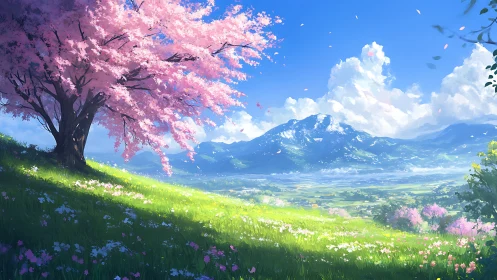 Cherry blossom hillside overlooks sunlit alpine valley panorama