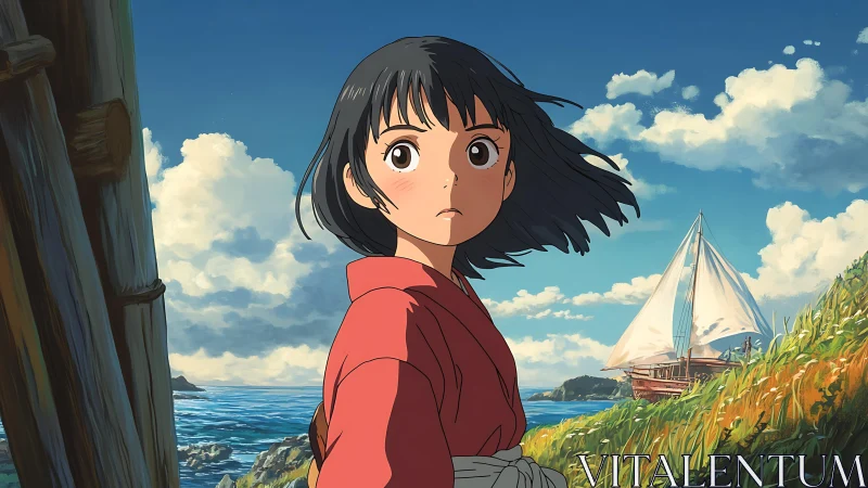 Anime coastal portrait captures windblown girl beside sailing boat