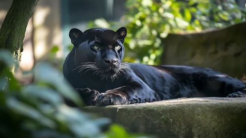 Black panther resting on concrete ledge in lush green environment.