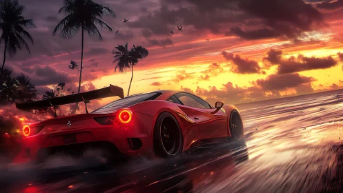 3D cinematic supercar sprint on reflective sunset shoreline.