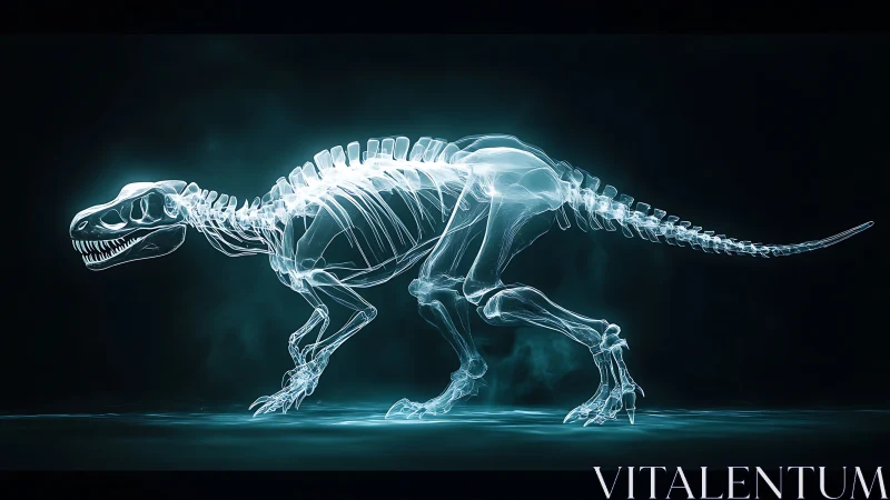X-ray skeletal T-rex in luminous lateral digital rendering.