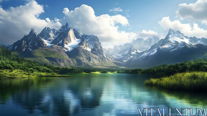 Sunlit alpine lake cradled by peaceful snowcapped peaks.