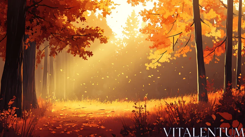 Autumn Forest Luminescence: Backlit Deciduous Canopy with Leaf Fall.