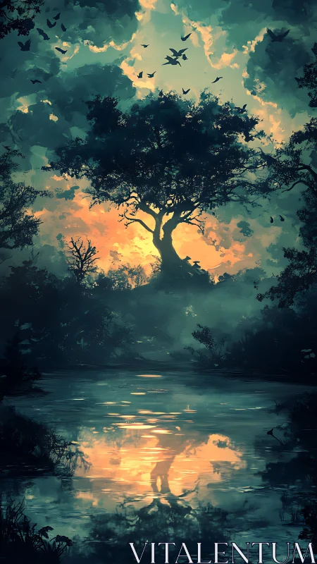Twilight guardian tree mirrored in a dream-bright lagoon.