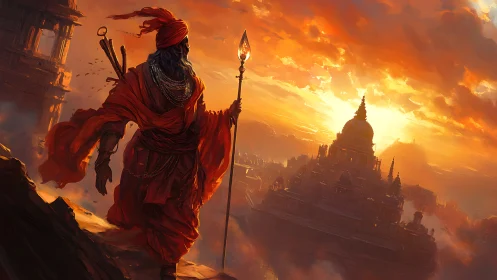 Warrior ascetic surveys sunlit temple city in atmospheric haze