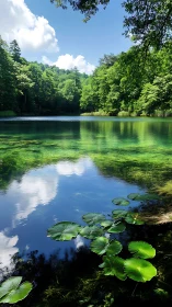 Lily pads cradle sky reflections on a glassy forest lake.