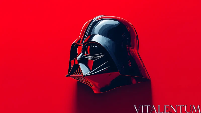 Iconic black sci‑fi helmet rendered on vivid red field.