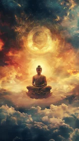 Digital painting of meditative figure in celestial mandala space.