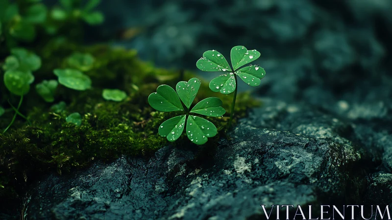 Two clover plants with water droplets stand on wet dark stone
