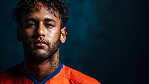 Portrait shows male subject in orange sports jersey facing camera