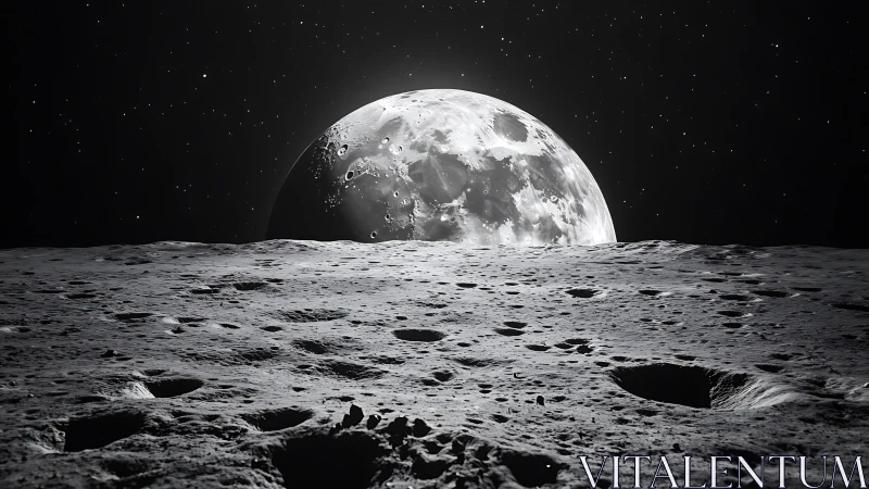 Lunar regolith panorama with eclipsed planetary limb alignment.