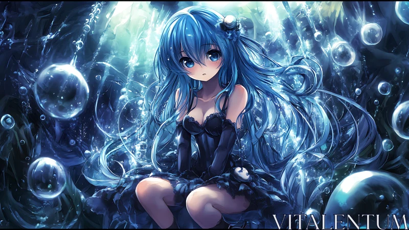 Blue haired aquatic anime girl in luminous underwater bubbles