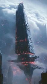Massive futuristic tower pierces stormy cloud skyline.