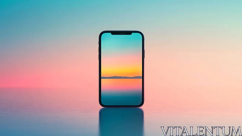 Smartphone displaying sunset landscape with gradient sky.