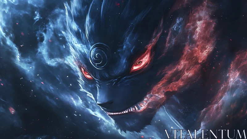 Cosmic demon fox emerging through swirling nebula flames.