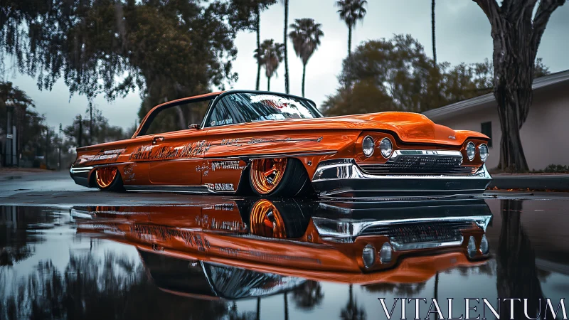 Ultra-low orange custom lowrider with wet street reflections.