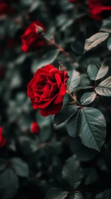 Deep red rose bloom with selective focus reveals layered petals against bokeh foliage.