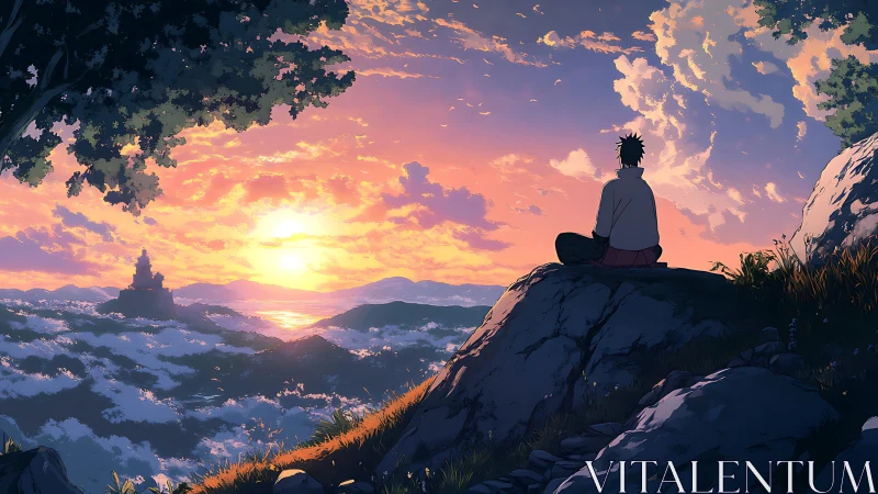 Solitary watcher over luminous sunset sea of clouds.