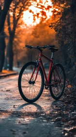 Red Fixed-Gear Bicycle Parked Along Golden-Hour Tree-Lined Path