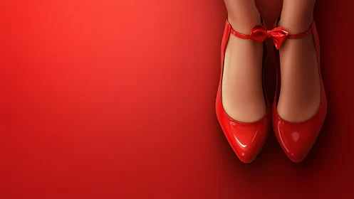 Red high-gloss shoes on monochrome background are displayed