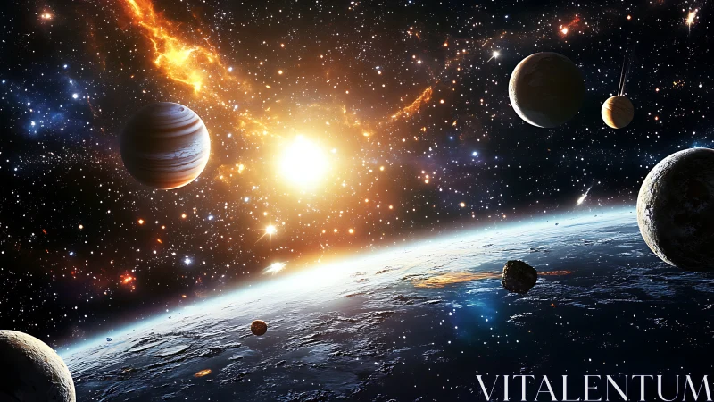 Multiple planets orbiting star above illuminated world horizon.