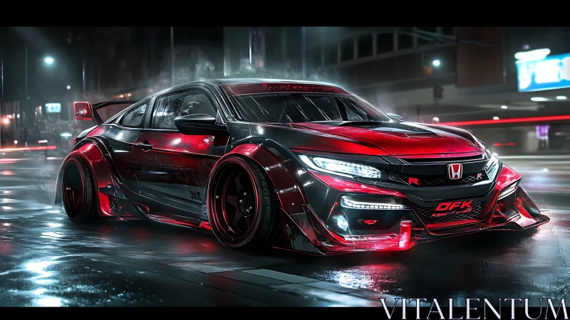 Honda street racer with neon-lit widebody in rainy city.