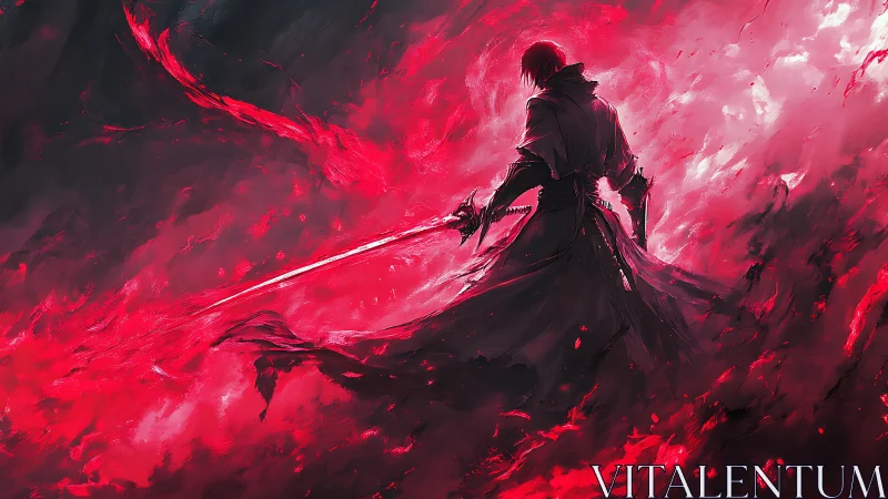 Scarlet warrior silhouetted in blazing infernal storm.