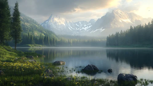 Mountain lake with pine forest and snow peaks at sunrise.