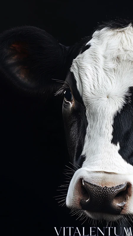 Half-lit Holstein gaze carved from velvety midnight shadow.