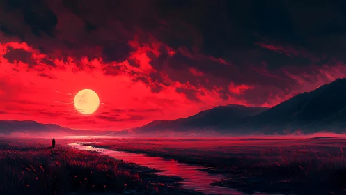 Crimson moonrise over silent marshlands and shadowed hills.