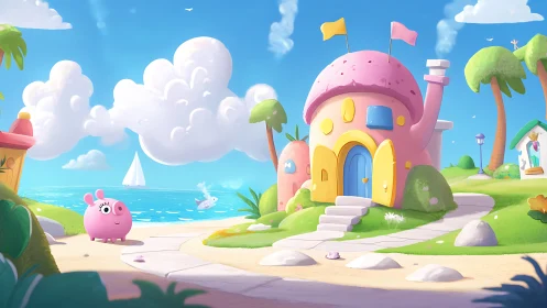 Whimsical Seaside Village with Colorful Mushroom Castle.
