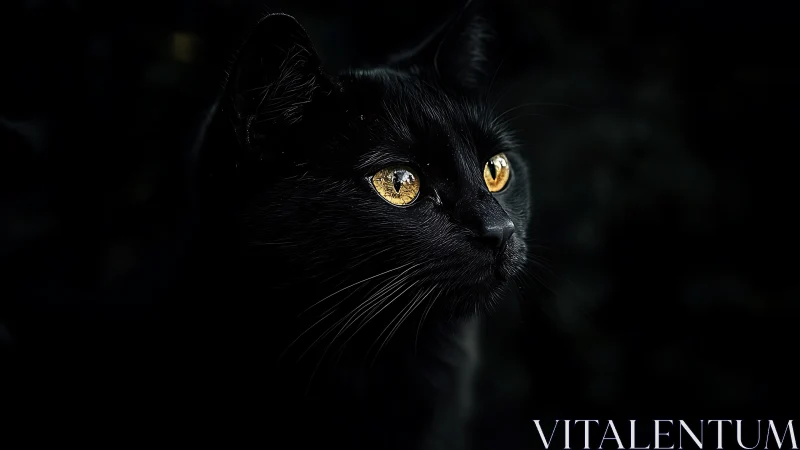 Black Cat with Glowing Golden Eyes Stares from Darkness