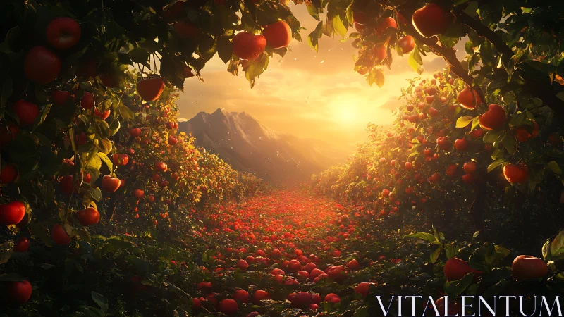 Golden orchard sunset over a river of fallen apples.