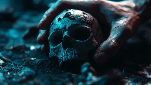 Moody human skull cradled by gentle hand in blue light.
