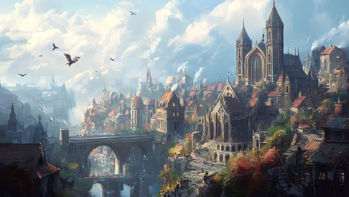 Epic fantasy cathedral cityscape with aerial perspective rendering.