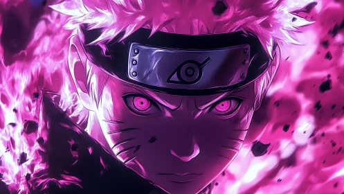 Fiery ninja gaze glowing with intense pink chakra energy.