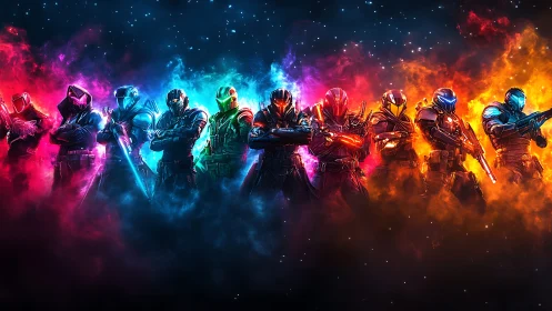 Neon armored squad stands united in vivid cosmic flames.