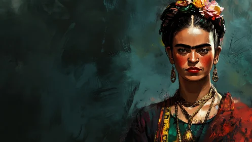 Intense portrait of a floral‑crowned woman in rich color.