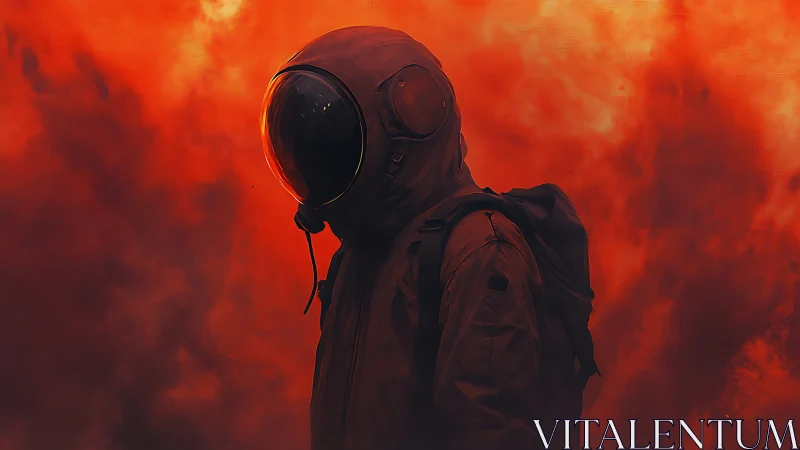 Astronaut silhouette in fiery atmospheric red nebula field.