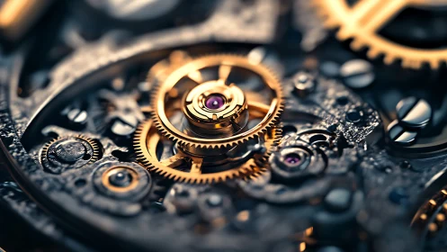 Golden macro gears in intricate mechanical watch movement.