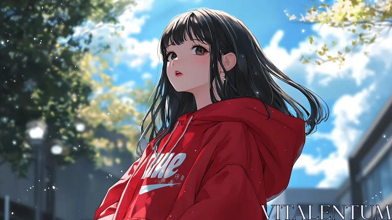 Crimson hoodie daydreamer beneath wind-brushed city skies.