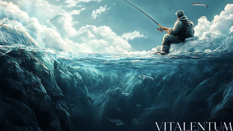 Solitary ice fisherman overlooks vast underwater chasm