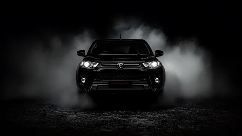 Front-lit black SUV emerging through cinematic studio fog lighting