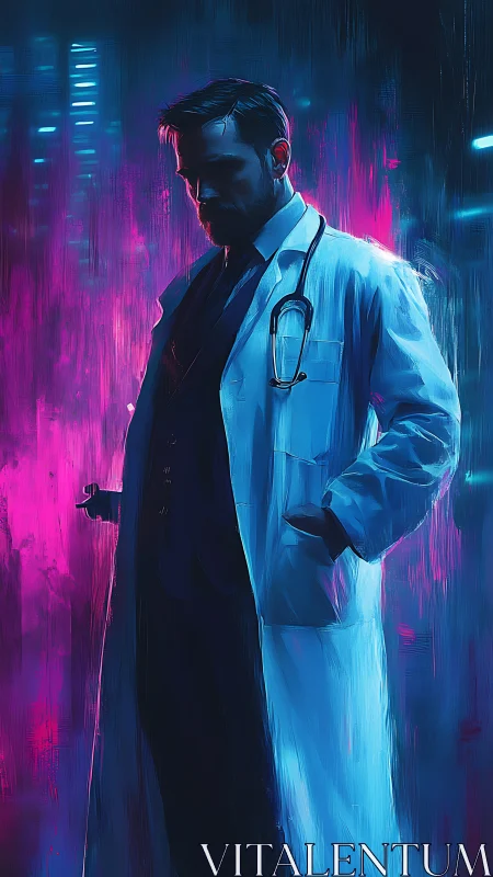 Neon city doctor standing calm amid glowing night lights.