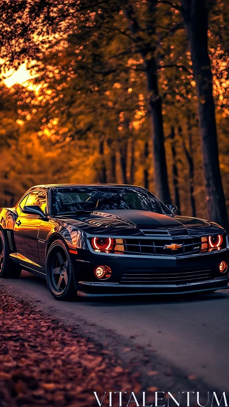 Black Chevrolet Camaro on forest road at sunset light.