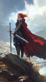 Red‑cloaked warrior greeting the sky from a lonely peak.