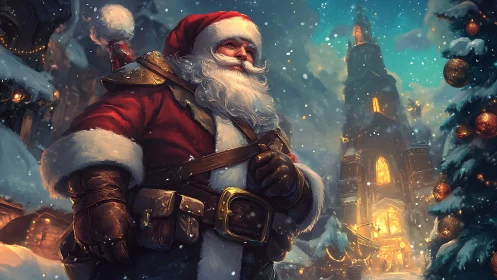 Armored Santa surveying a snowlit cathedral cityscape.
