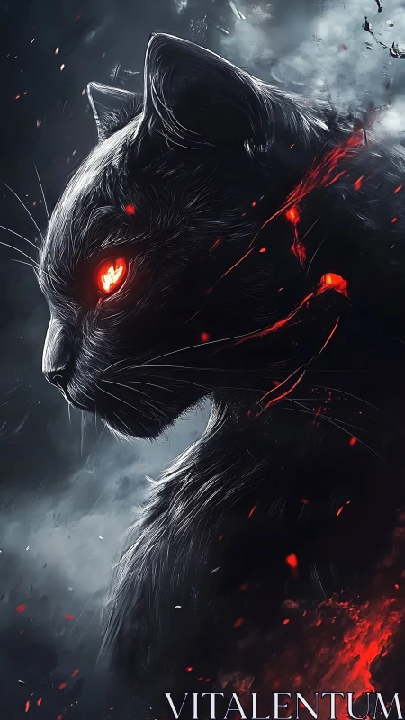 Infernal black cat stares into storm with molten ember eyes