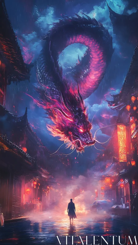 Midnight alley meeting with a neon-lit celestial dragon.