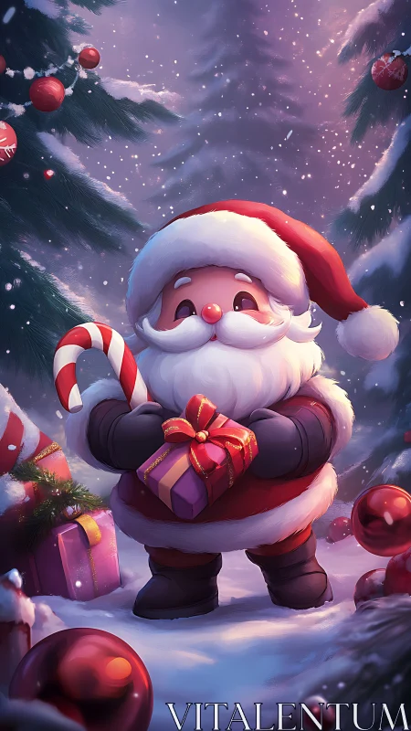 Cute cartoon Santa holds gift box in snowy forest clearing